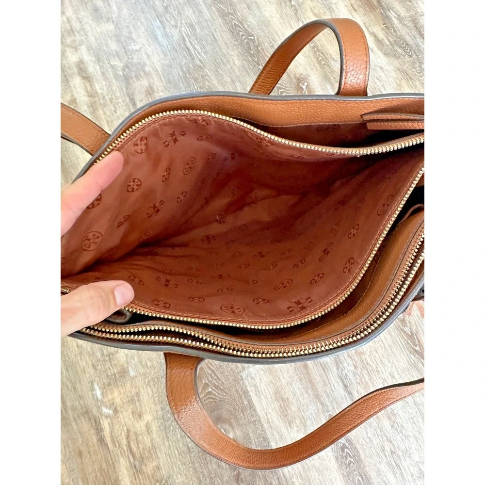 Tory Burch Thea Brown Leather Tote Tassels Purse Multi Pocket Shoulder Bag